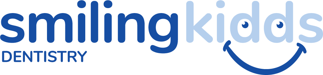 Logo of "Smiling Kidds Dentistry" in different shades of blue, features a smiling face integrated into the text, set against a black background.