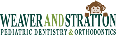 Logo for Weaver and Stratton Pediatric Dentistry & Orthodontics, featuring a smiling monkey peeking over the text against a black background.
