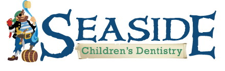 A whimsical pirate character stands beside the "Seaside Children's Dentistry" logo, featuring playful font on a black background.