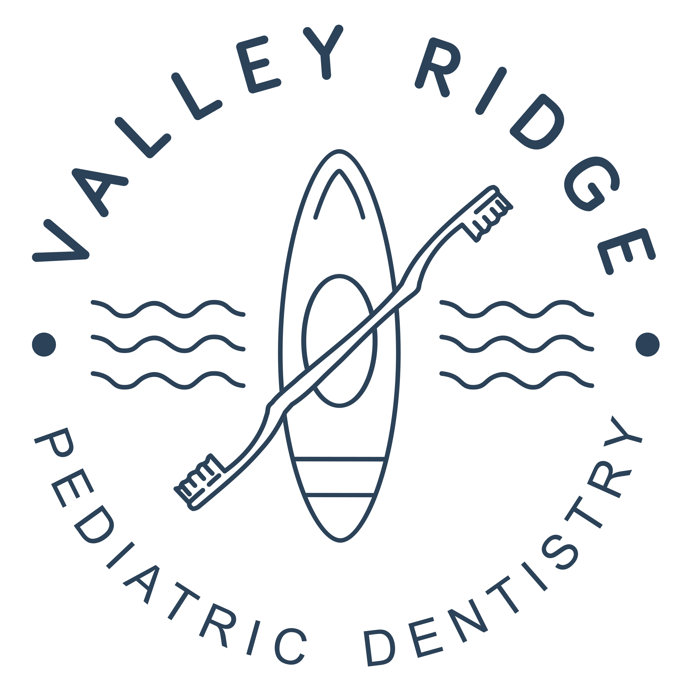 Logo for Valley Ridge Pediatric Dentistry displaying a canoe, toothbrush, and wave patterns in a circular design.