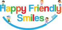 Colorful text "Happy Friendly Smiles" with cartoon children playing on letters and a toothbrush, set against a black background.