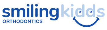 Logo for "Smiling Kidds Orthodontics" features a blue and white color scheme with a smiley face incorporated into the lettering on a black background.
