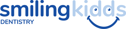 The image is a logo for "smiling kidds dentistry" with blue text and a smiley face underlining "kidds" on a black background.