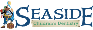 "Logo for Seaside Children's Dentistry featuring a pirate character with a toothbrush, a parrot, and a treasure chest. Playful and colorful design."