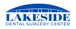 A blue logo for "Lakeside Dental Surgery Center" featuring a stylized bridge design above the text, set against a black background.