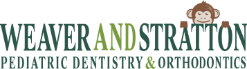 A logo for Weaver and Stratton Pediatric Dentistry & Orthodontics features a playful monkey design and elegant green typography on a black background.