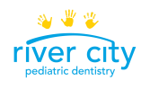 A logo features "River City Pediatric Dentistry" text in blue with three yellow handprints above, set against a black background.